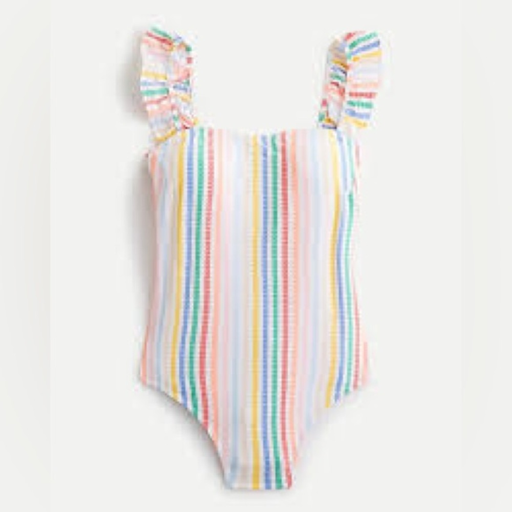 Women’s Ruffle Multicolored Seersucker Colorful Striped  Swimsuit 0